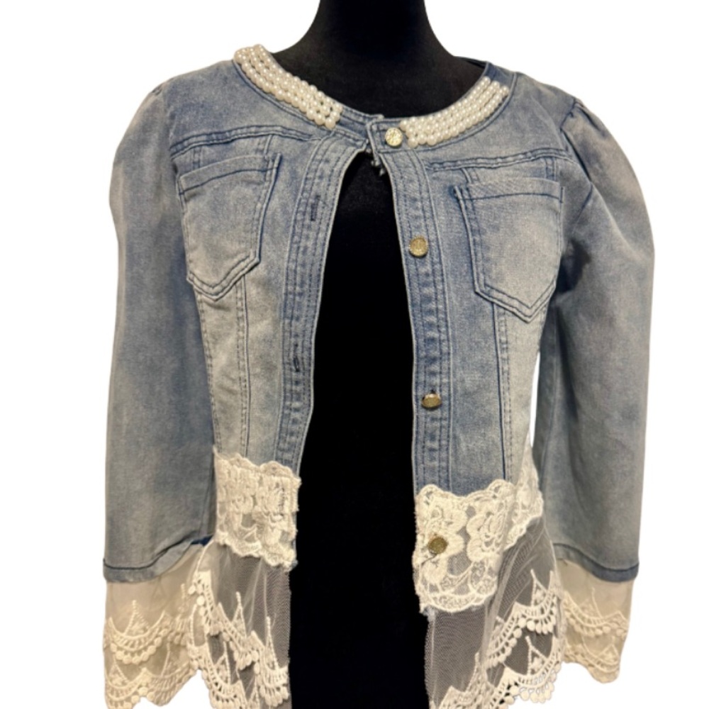 Elegant Lace & Pearl Trimmed Denim Jacket by Military Hippie size small - Picture 2 of 10